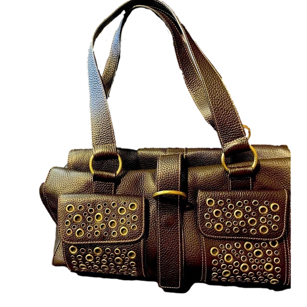 Furla Dark Brown Pebble Leather Grommet Bag